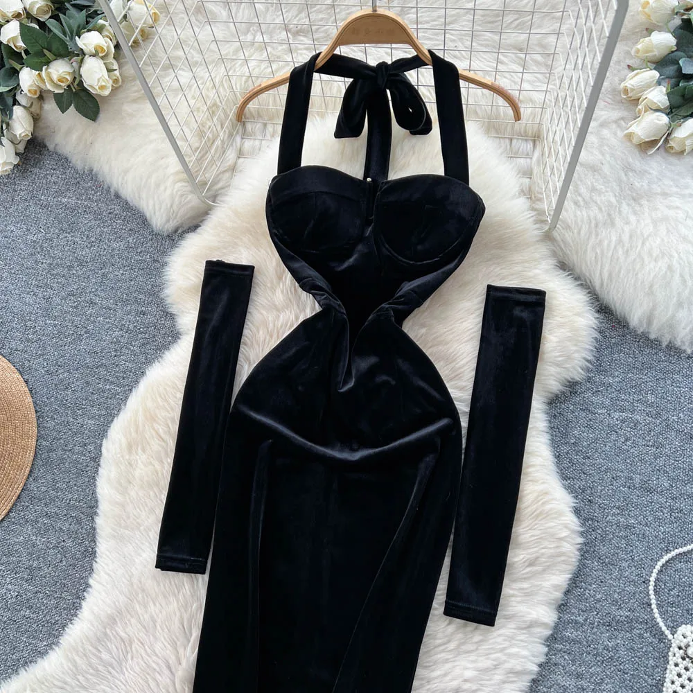 Chic vintage halter velour long sleeve Long dress korean fashion autumn women clothing ceremony dresses