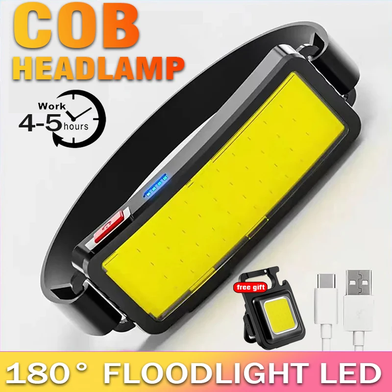 Strong Light Headlamp Portable Mini COB LED Headlight with Built-in Battery Flashlight USB Rechargeable Head Lamp Hiking Torch