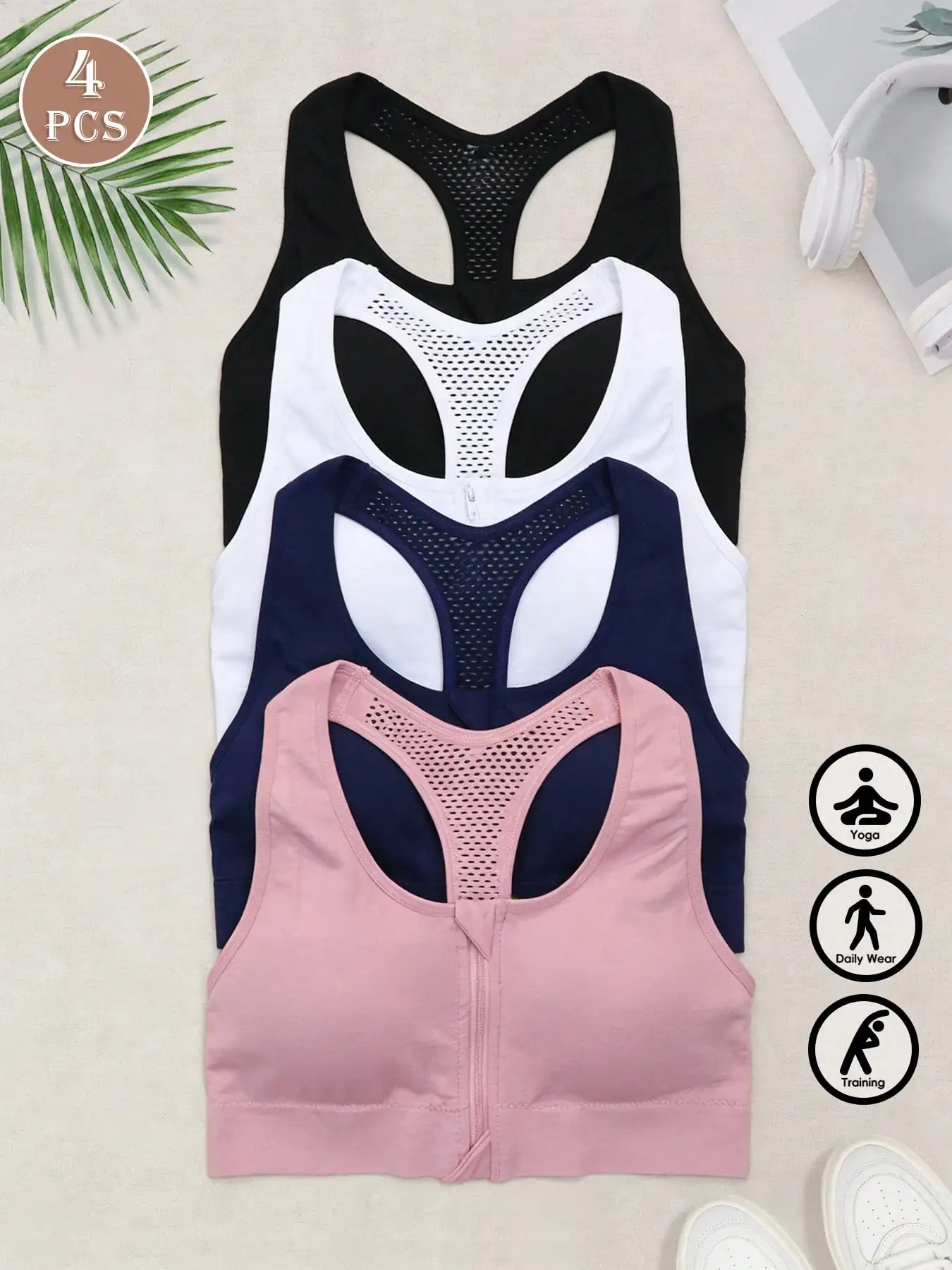 4 Pack Seamless Sports Bras for Women Front Zip Lace Up Breathable Sports Bra Gym Running Workout
