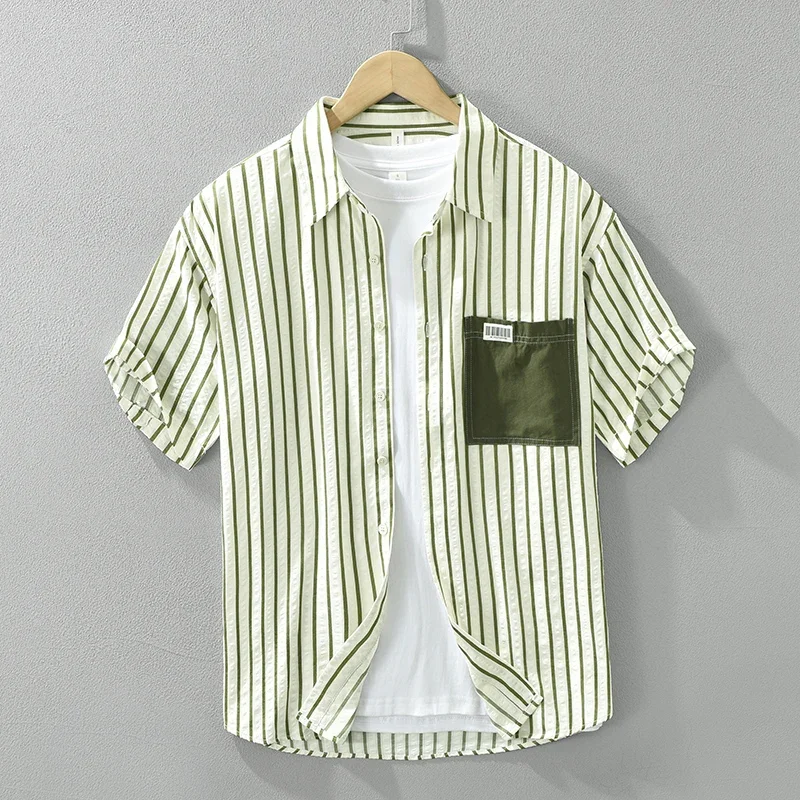 Camisa de manga curta listrada masculina, algodão com gola virada para baixo, camisas casuais, roupas da moda masculina, verão, novo, 2024