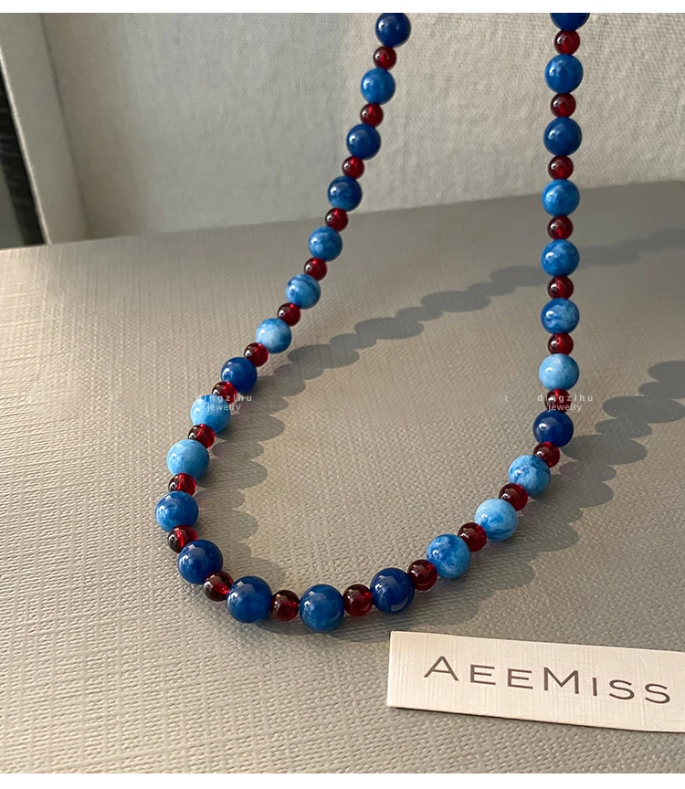 Leichter Luxus Naturstein-Perlenkette Blauer Achatstein Kurze Halskette 2025 Trendiger Schmuck für Frauen Schlüsselbeinkette Accessoires – Detail 5
