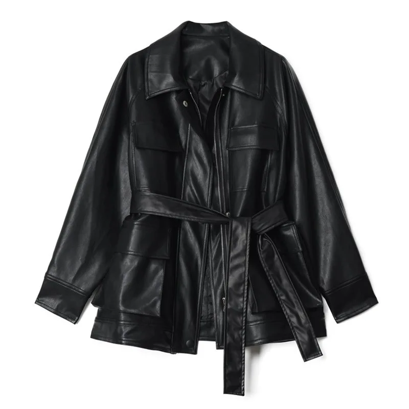 Vintage Mid-length Leather Jacket Women Elegant Belt PU Leather Trench Coats Loose Women Outerwears Windbreaker Women Clothing