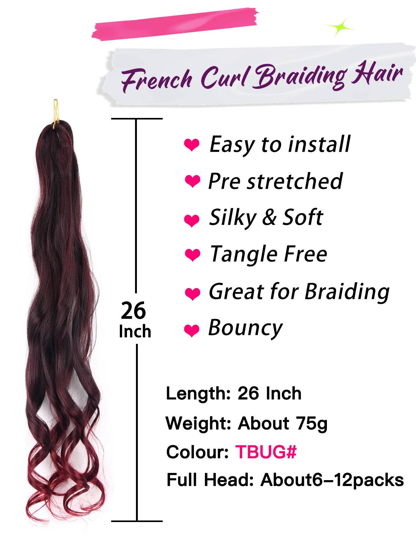 French Curly Crochet Braiding Hair 26Inch Synthetic Loose Wave Ombre Braids Hair for Women Curls Pre Stretched Hair Extensions