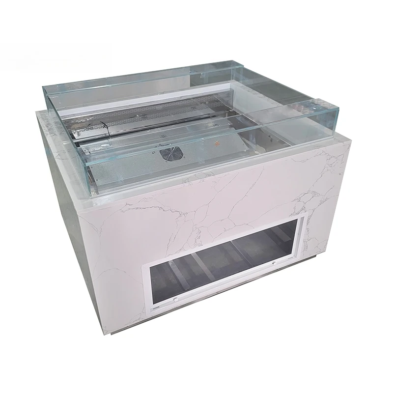 

Island Style Marble Base Display Showcase Single-Temperature LED -Accented Glass Top Sandwich Cake Refrigerator