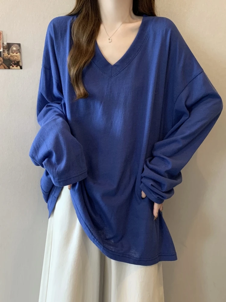 Loose Long Sleeve V-Neck T-Shirt Women's plus Size Spring Autumn Top Cover Belly Conceal Meat Mid-Length Base Shirt