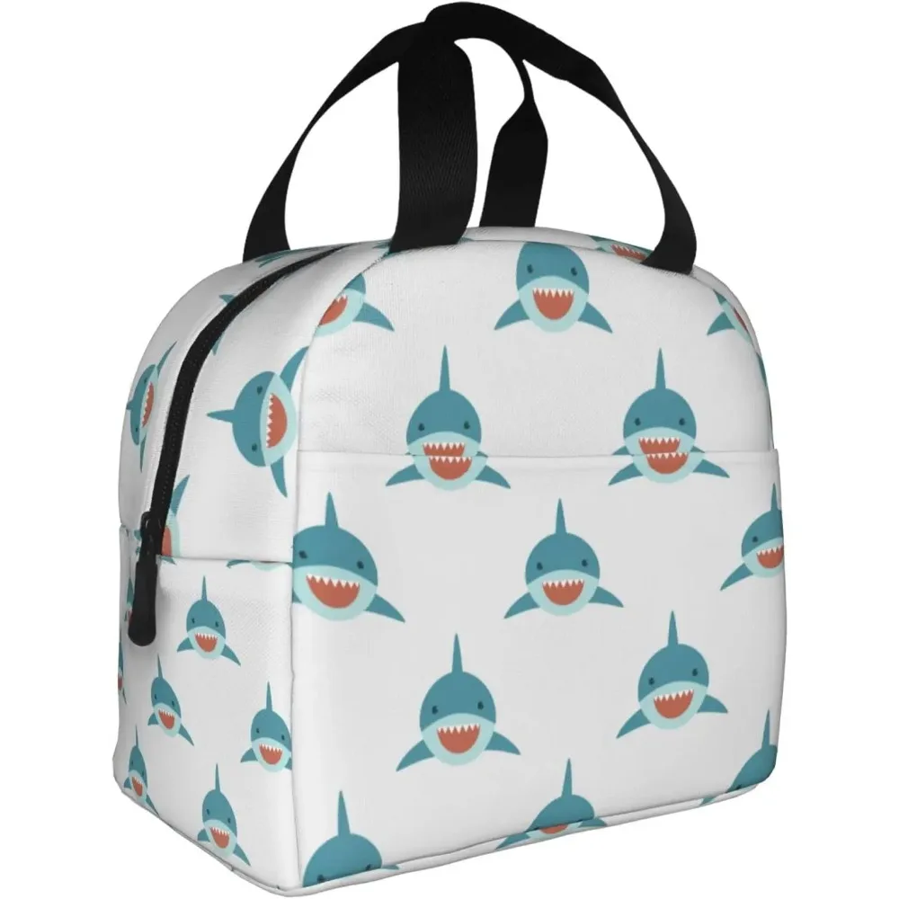 حقيبة غداء كرتونية لطيفة على شكل قرش للنساء والرجال، حاوية علب غداء معزولة على شكل سمكة قابلة لإعادة الاستخدام مع جيب أمامي للعمل والنزهات والسفر #2