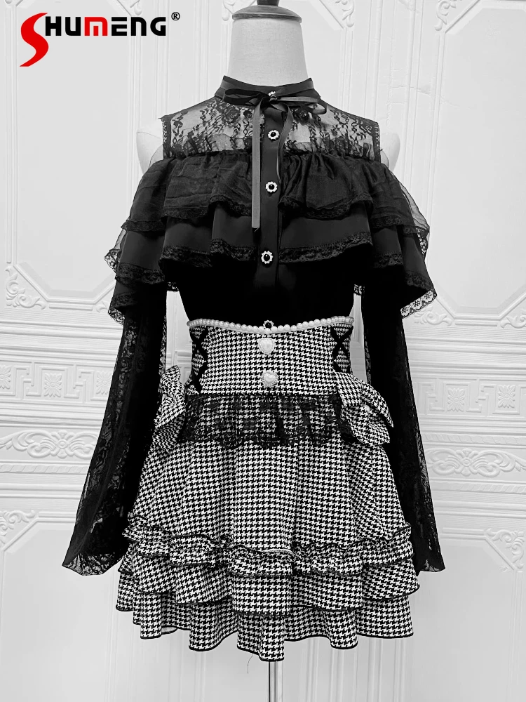 

Original Japanese Mines Style Mass-Produced Elegant Sweet Beaded High Waist Lace Bow Kawaii Versatile Cake Skirts Women Summer