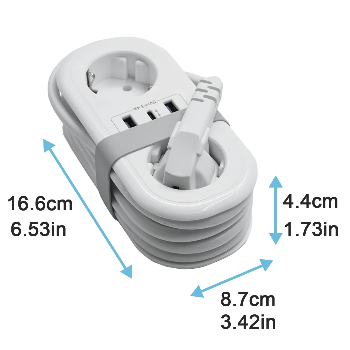 Travel Multiple Socket with USB Power Strip with 2 USB and 1 Type C Ports and Wrapped Cable USB Socket for Travel and Office