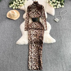 Elegant Long Sleeves Sexy Turtleneck Chic Leopard Belt Slim Pencil Long Dress Evening High Street Autumn Winter Elastic Clothing