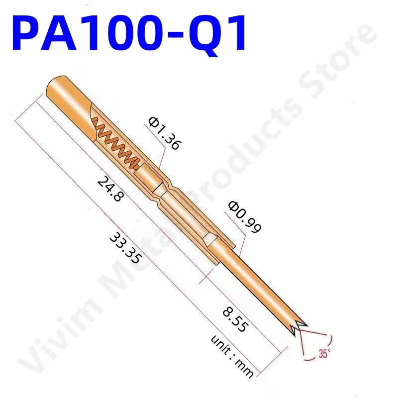 100PCS PA100-Q1 Spring Test Probe PA100-Q Test Pin P100-Q P100-Q1 Test Tool 33.35mm 1.36mm Needle Gold Tip Dia 0.99mm Pogo Pin