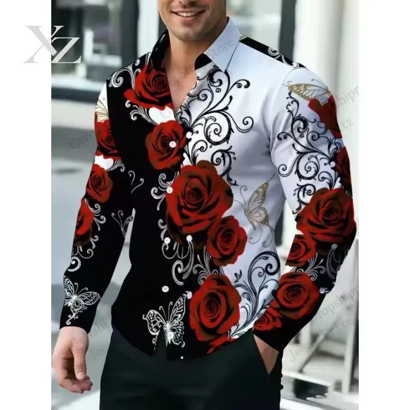 Men's Rose Floral Long Sleeve Shirt Butterfly Flower 3d Print Shirt Men Fashion Comfortable Single-breasted Blouse Mens Clothing