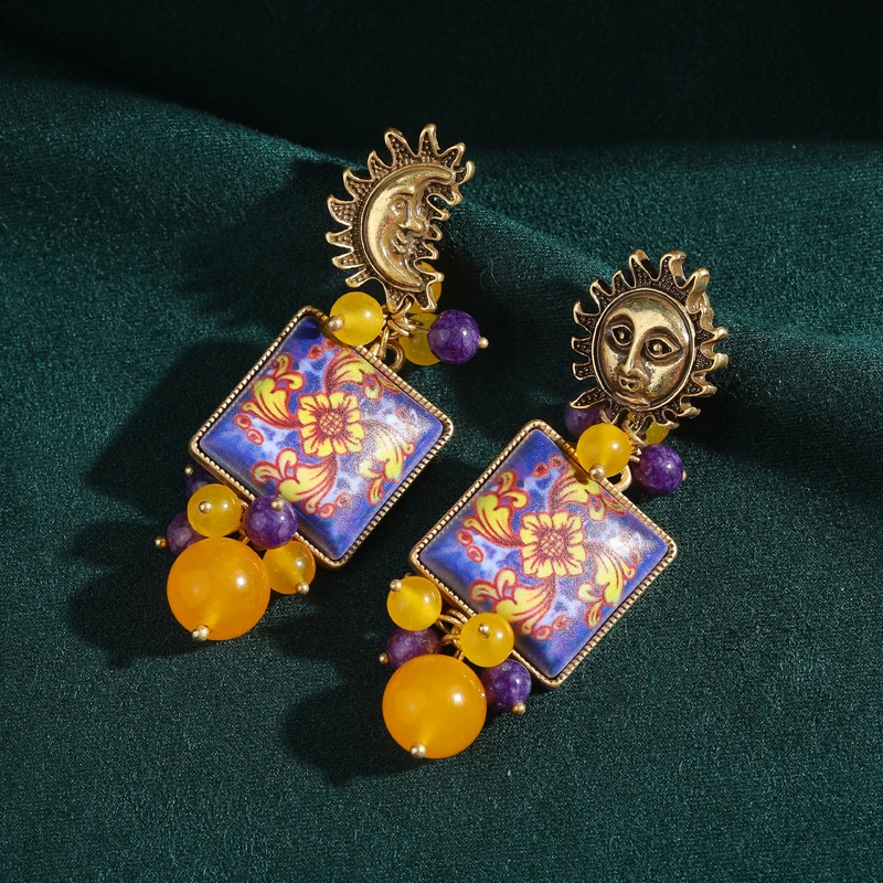 

Винтажные большие красочные серьги-капли с желтым камнем для женщин, роскошные аксессуары, античное золото, со стразами, новинка 2023 года, тренд