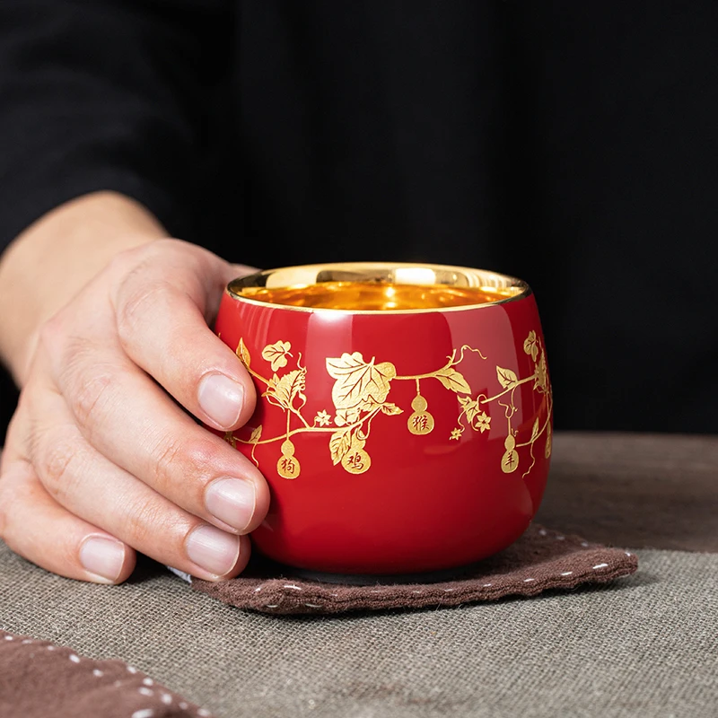 |luxury large-sized Chinese Zodiac single cup pure gold gilded special tea cup high-end gift host tea Jian Zhan tea bowl