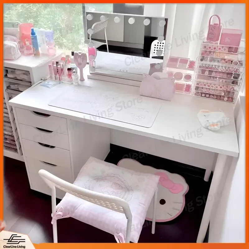 Minimalist Makeup Table with Drawer Storage Double Long Desk for Students Small Space Bedroom Vanity Table Compact Dressing