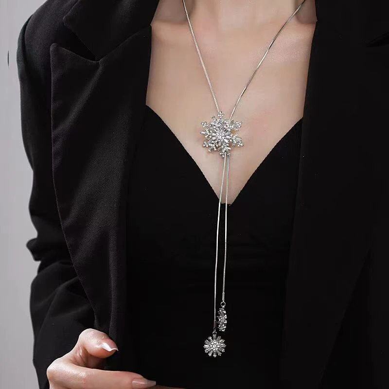 قلادة ندفة الثلج الدورية حجر الراين شرابة قلادة زهرة الثلج قابل للتعديل سلسلة سترة طويلة للنساء مجوهرات #4