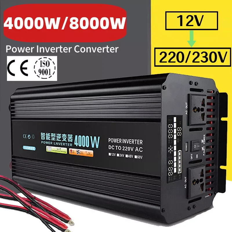 Heavy Duty 8000W 4000W LCD POWER INVERTER PURE SINE WAVE 12V to 230V CONVERTER