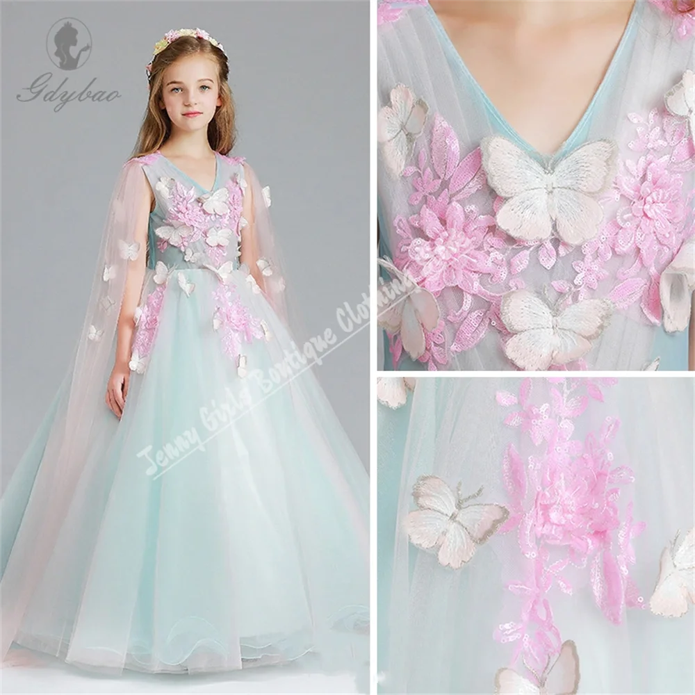 Rosa Applikation Luxus Prinzessin elegantes Blumen mädchen Kleid für Hochzeit geschwollene Tüll Ball Kinder Party Kommunion Abendkleid