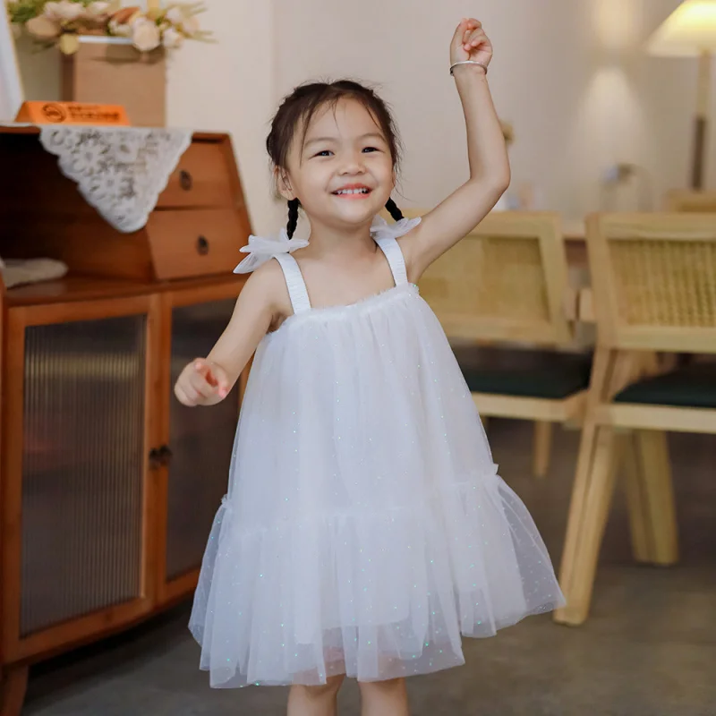 Girls Sequin Suspender Skirt Summer Thin New Style Bow Princess Skirt3-6Fashionable Dress for 1-Year-Old Children