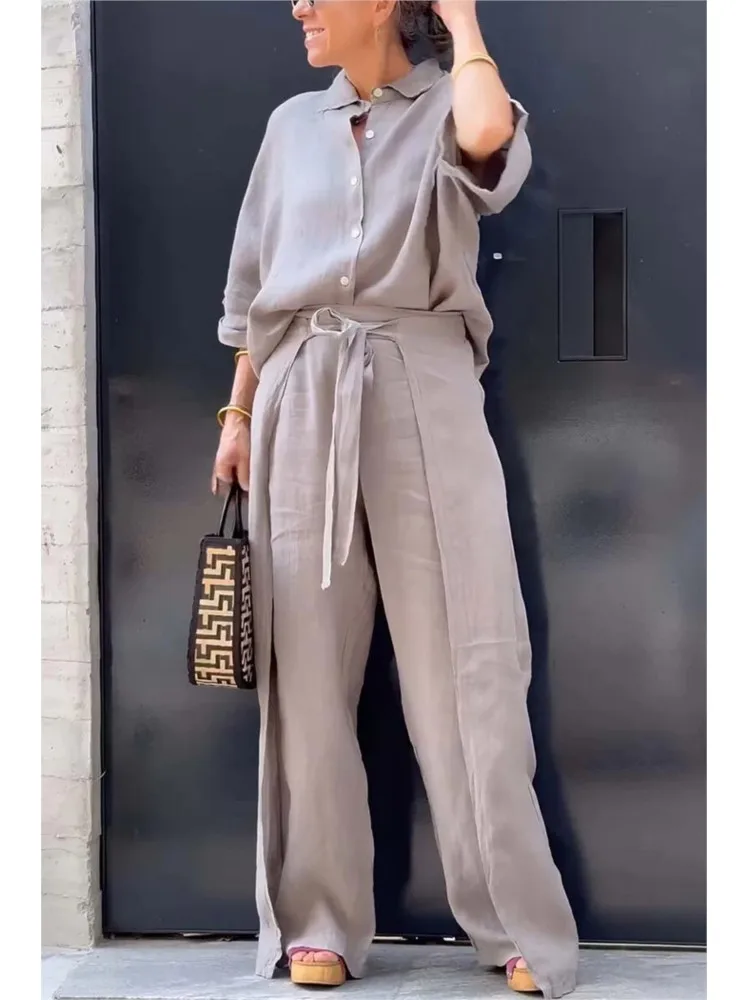 Spring Summer Fashion Cotton Linen 7 Minute Sleeve Shirt Women\'s Suit Casual  Belt Wide Leg Trousers Irregular Female 2piece Set