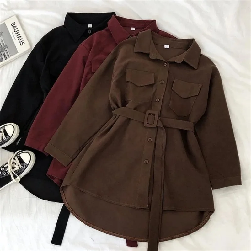 

Korean Female Long Sleeves Shirt Tops Autumn Women Corduroy Loose Shirts Ladies Medium Long Styles Cardigan Blouse Jacket XQ8
