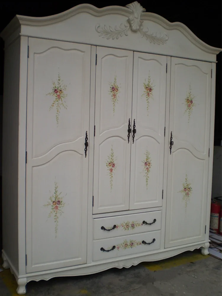 

Painted Wardrobe Korean Style Pastoral Mediterranean Wood Carved Wardrobe Bedroom