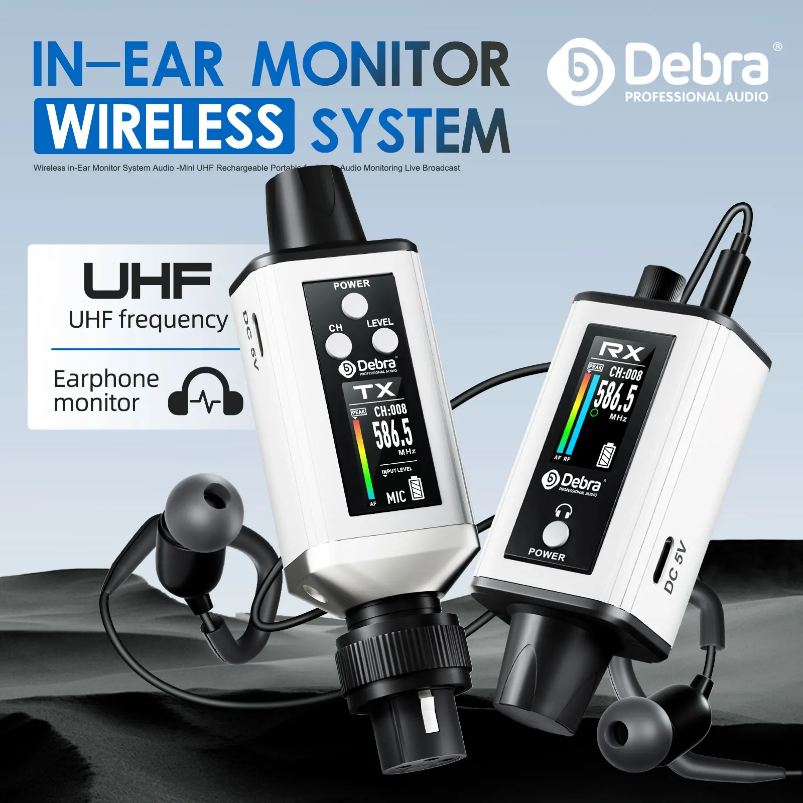 2025 NOVO sistema de monitoramento sem fio Debra Audio UHF IEM Estéreo EMX-1 recarregável com 16 frequências ajustáveis na tela