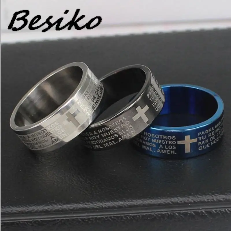 Besiko 2023 8mm Black Spanish Bible Prayer Cross Men Rings Stainless Steel Christian Women Rings Birthday Gifts Wholesale