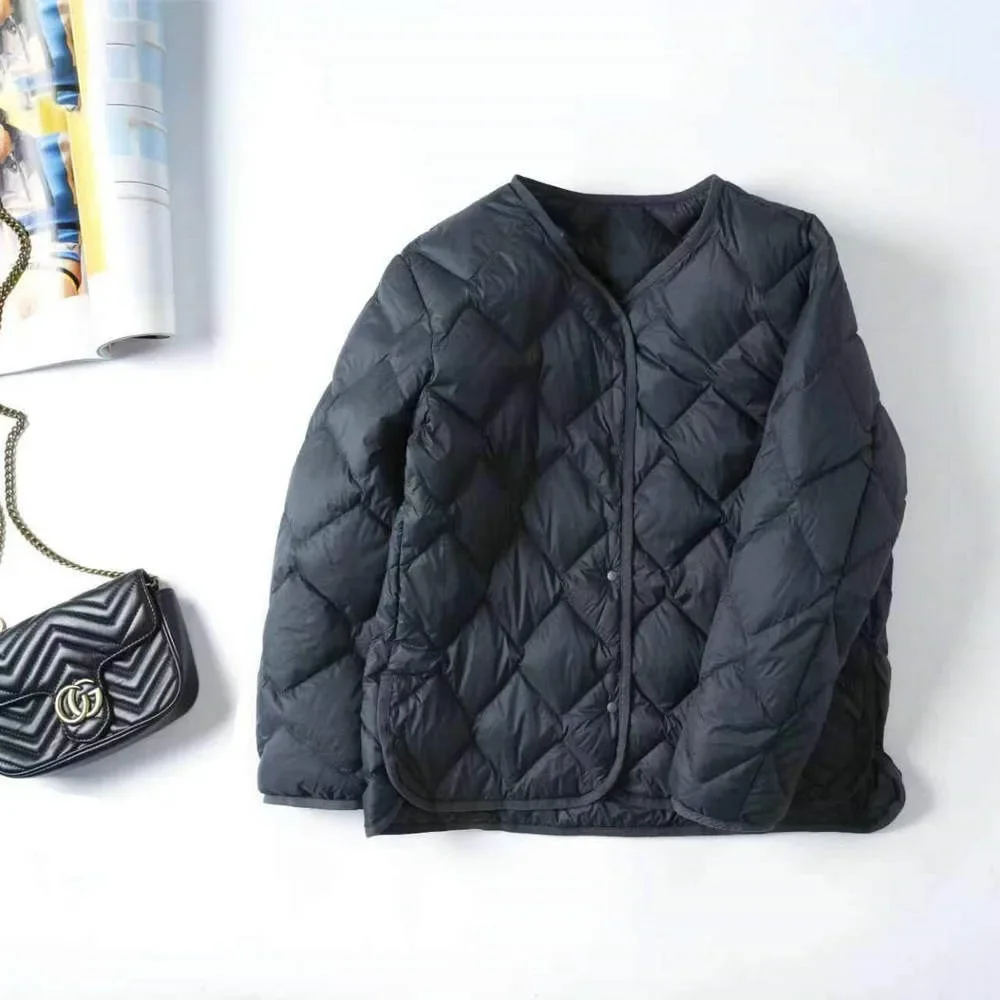 

Женская куртка на утином пуху с v-образным вырезом, новинка 2024, женская зимняя теплая модная ультралегкая стеганая куртка-пуховик без воротника, офисная женская куртка