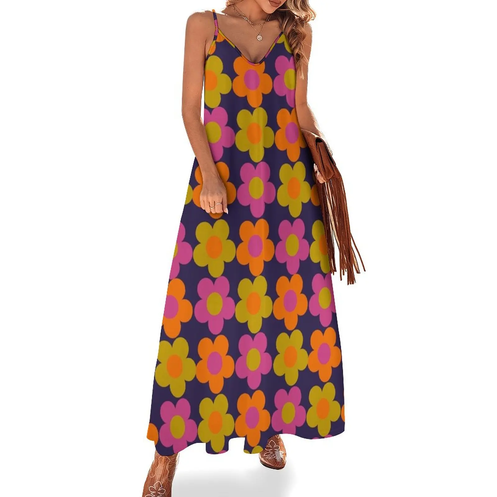 

1960s 60s flowers Power Daisy Pattern Sleeveless Long Dress Casual dresses beach dress Woman fashion Dress