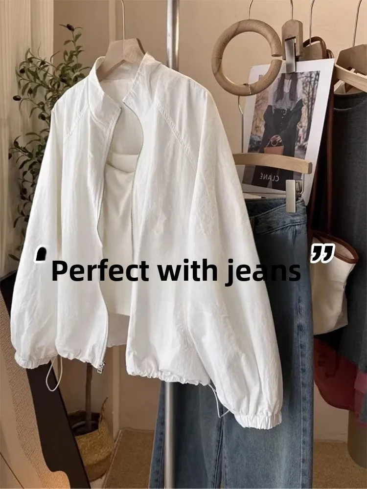 

Korean Style Stand Collar Women's Summer Thin Outdoor Casual Sports Jacket UV Protection Light Weight Spring Autumn Faux Leather
