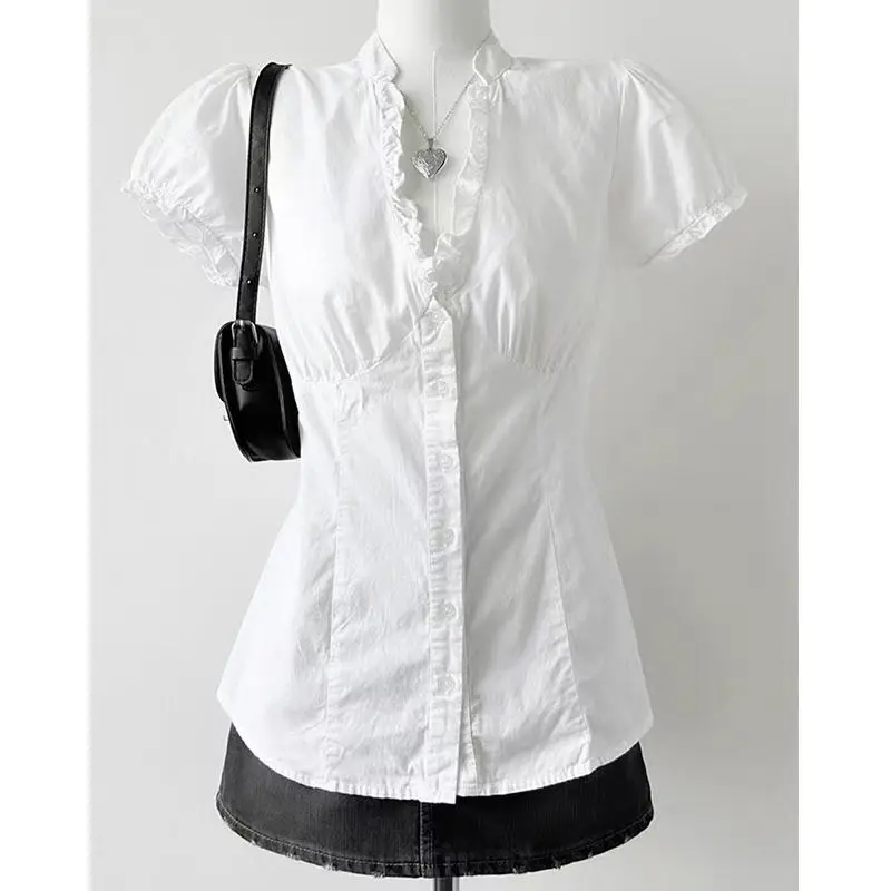 White V-Neck Blouse Women Office Lady Korean Fashion Clothing Y2k Crop Top T-shirts Elegant Shirts Female Outwear Chic Vintage