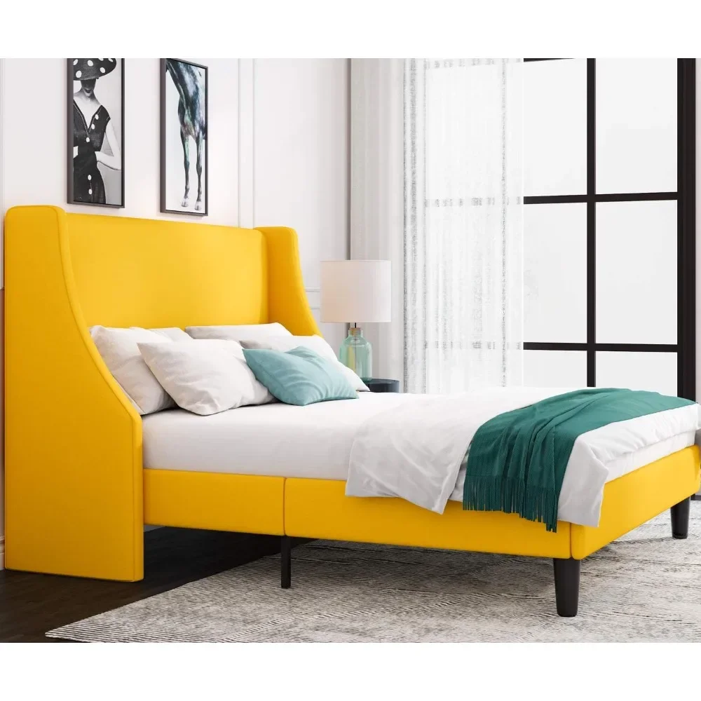 Full-size bed frame, platform bed frame with padded headboard, modern luxury wing back, plank support, mattress base