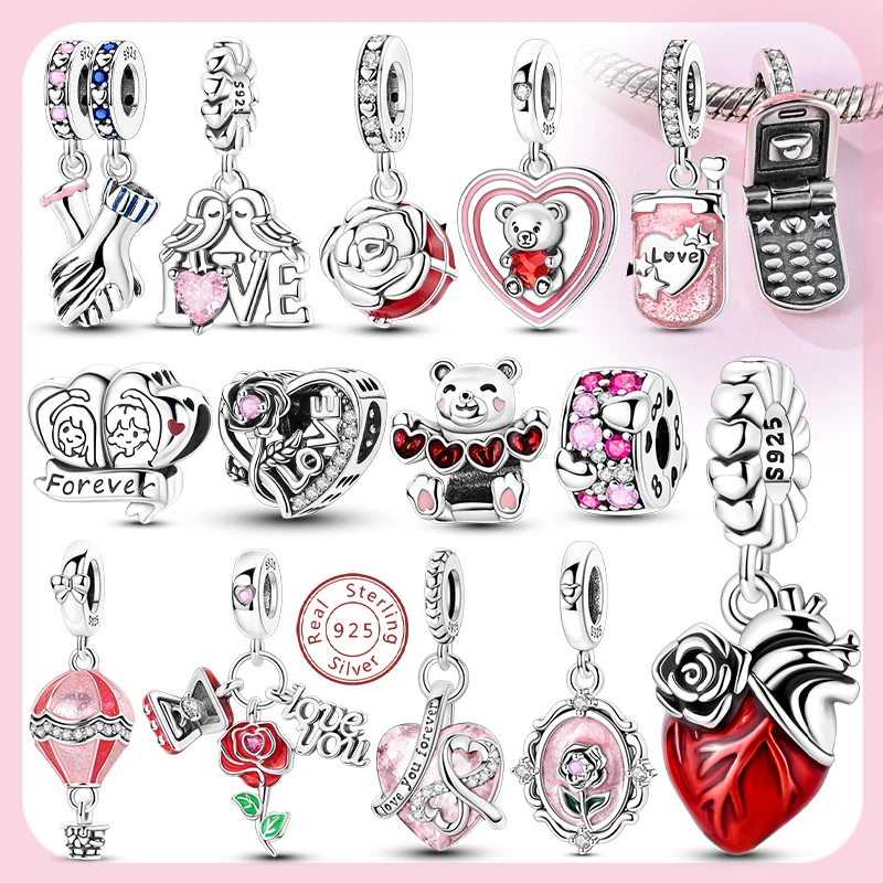 Original 925 Silver Valentine's Day Charms Bead Pendant Rose Sweet Bear Couple Charm Fit Bracelets Bangle Woman DIY Jewelry Gift