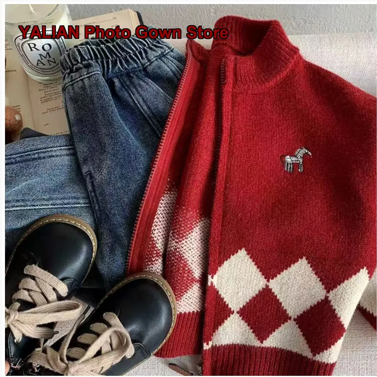 Boys Girls Knit Cardigan Children Winter Warm Plaid Pattern Hooded Jacket for New Year Celebrations Kids
