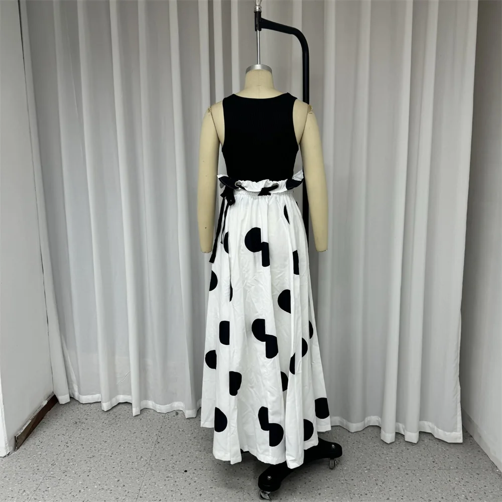 Elegant Women Polka Dot Printed Long Skirt Two Piece Set Summer Office Black O Neck Sleeveless Vest Top A Line Long Skirt Suit