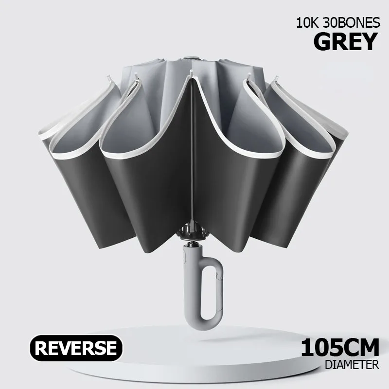 Großer, winddichter, starker Regenschirm mit reflektierendem Streifen, umgekehrter, automatisch faltbarer UV-Regenschirm für Regen, Sonne, Karabiner, Griff, Luxus