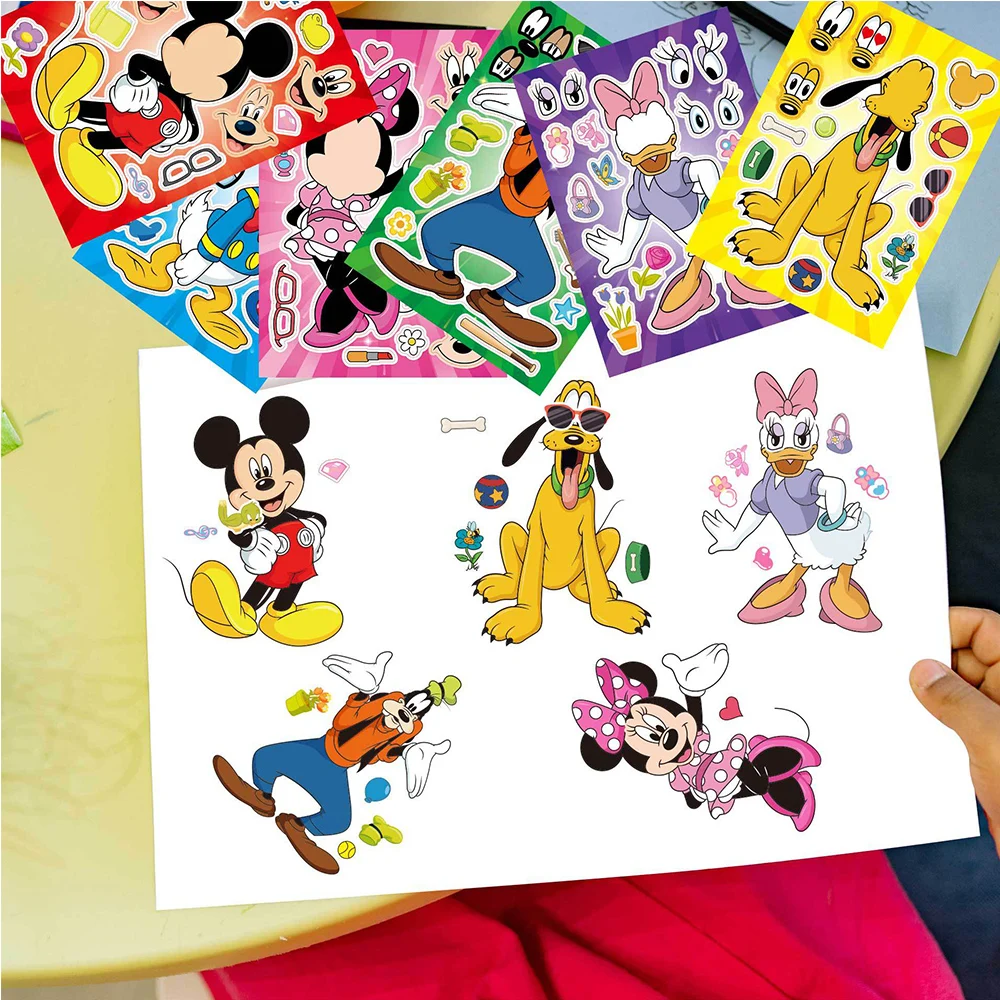 6/12Sheets Disney Make a Face Puzzle Stickers Mickey Mouse Donald Duck Kids Assemble Jigsaw Toys Children Funny Game Party Gift