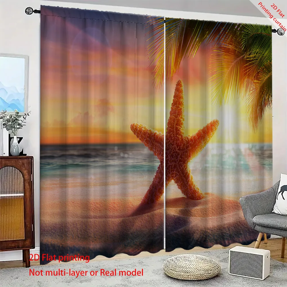 Starfish background curtains, beach coconut tree home window decoration, dormitory, office, bedroom sunshade curtains