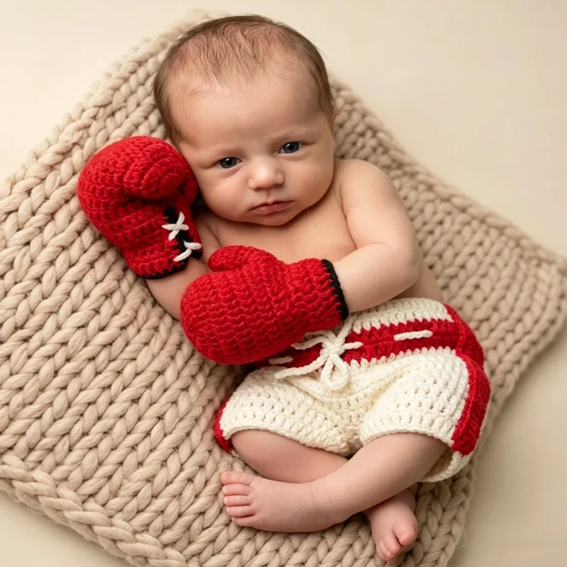 Newborn Photography Props Little Boxer Costume Crochet Boxing Gloves Shorts Set Handmade Infant Photo Shoot Outfit Accessories