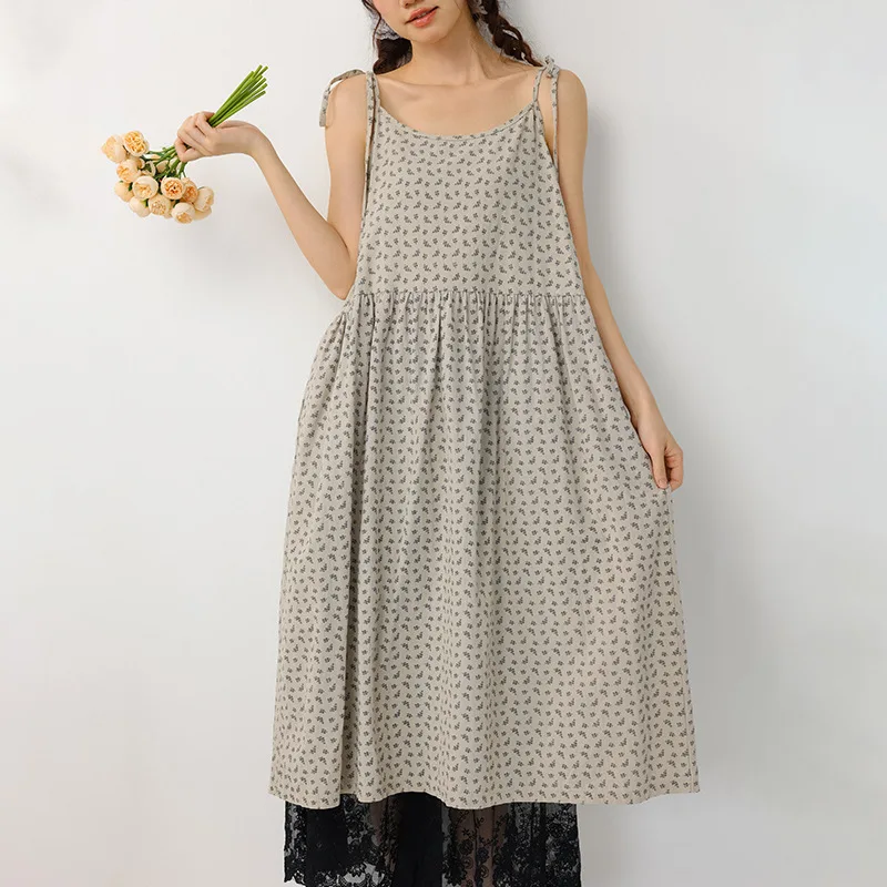 

2026 Spring and Summer New Floral Suspender Dress Stacked with Floral Loose Lace-up Dress