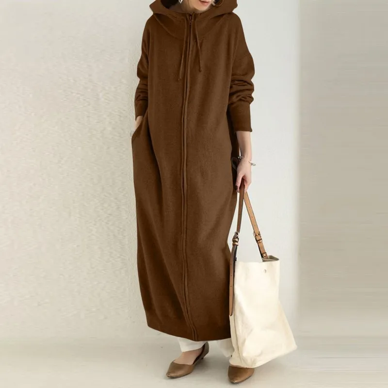 Autumn And Winter Fashion Hooded Sports Fleece Sweatshirt Casual Long Sleeved Zipper Jacket Women\'s Plus Size Solid Color Robe