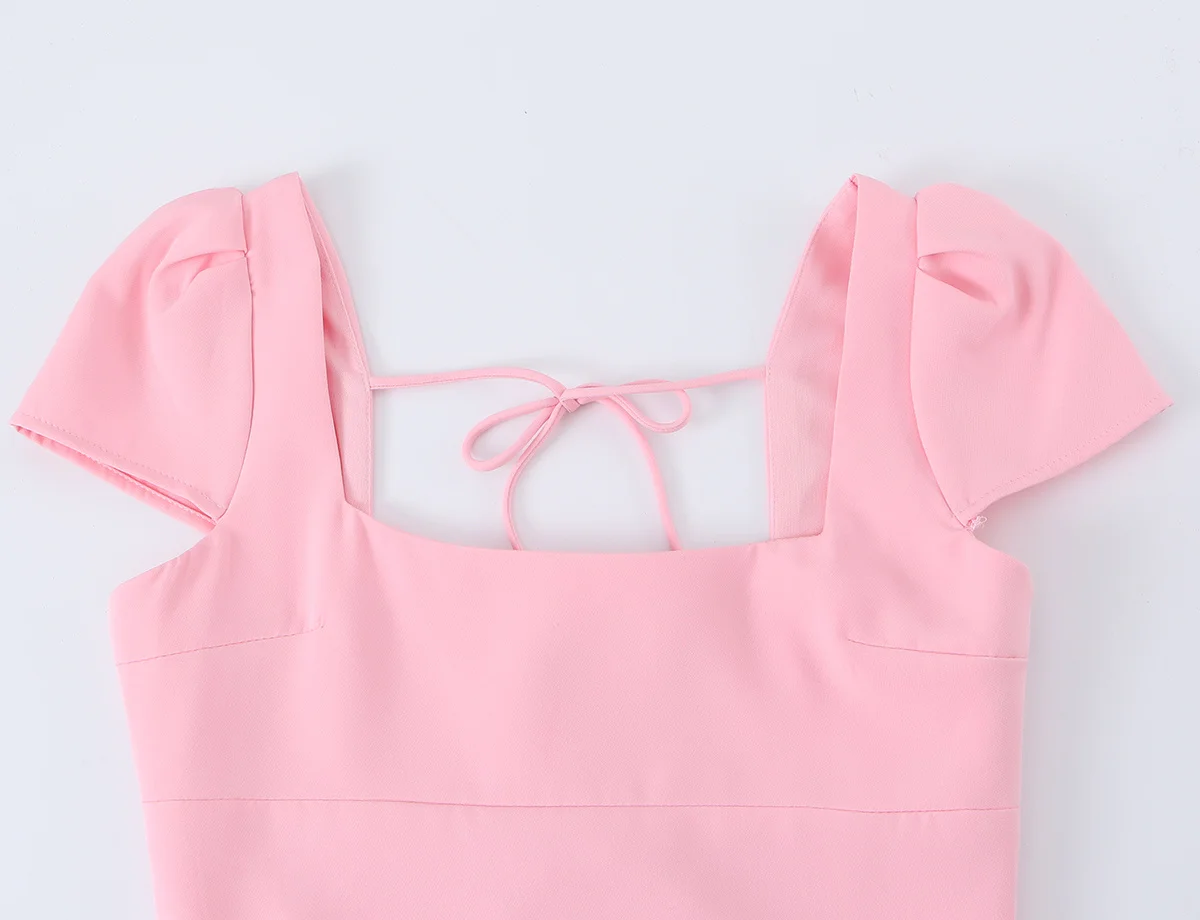 TFMLN Sommer Damen Kleider mit Schleife und Rückenausschnitt, elegantes, kurzärmliges Kleid mit quadratischem Ausschnitt, schmal geschnittenes Kleid für Abend, Party, Club, Damenkleider – Detail 4