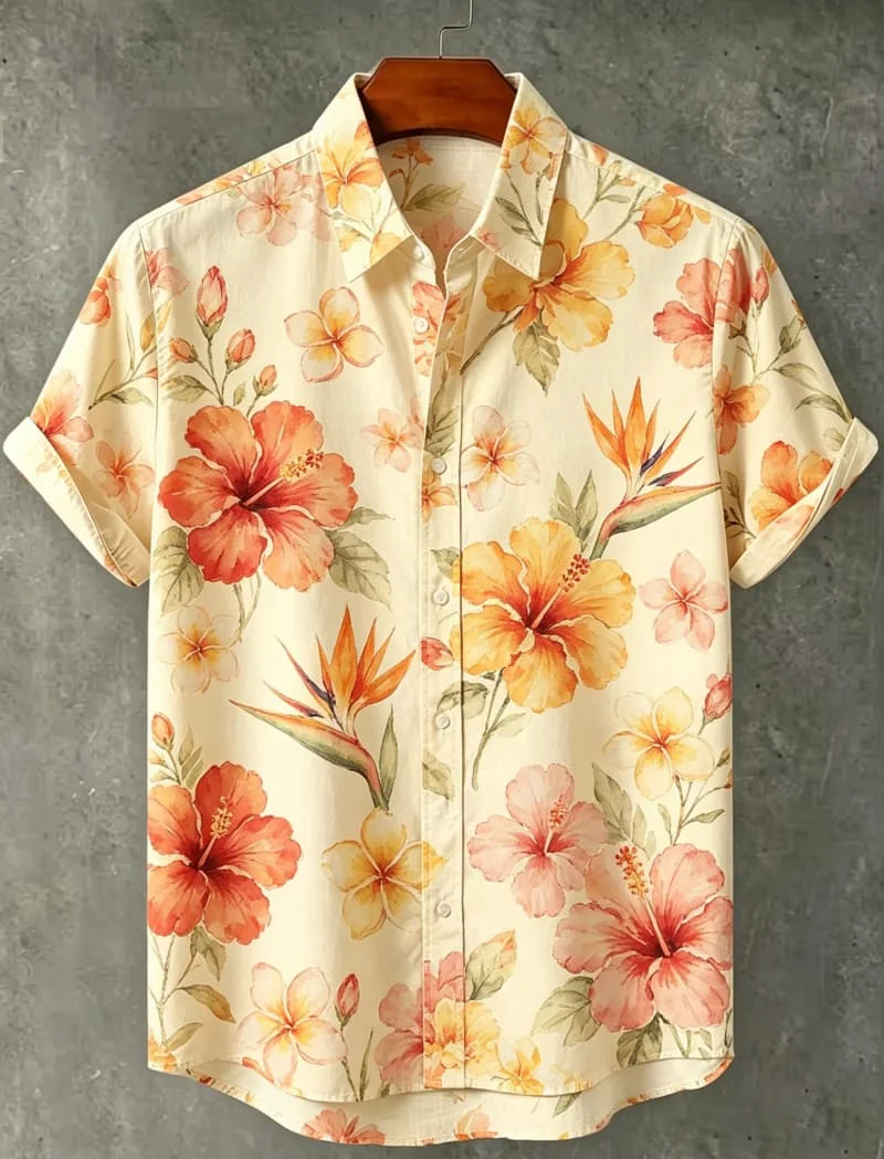 Men's Forest Plant Printed Vacation Short Sleeved shirt, Suitable For Leisure activities, Street travel, And Warm Vacation Style