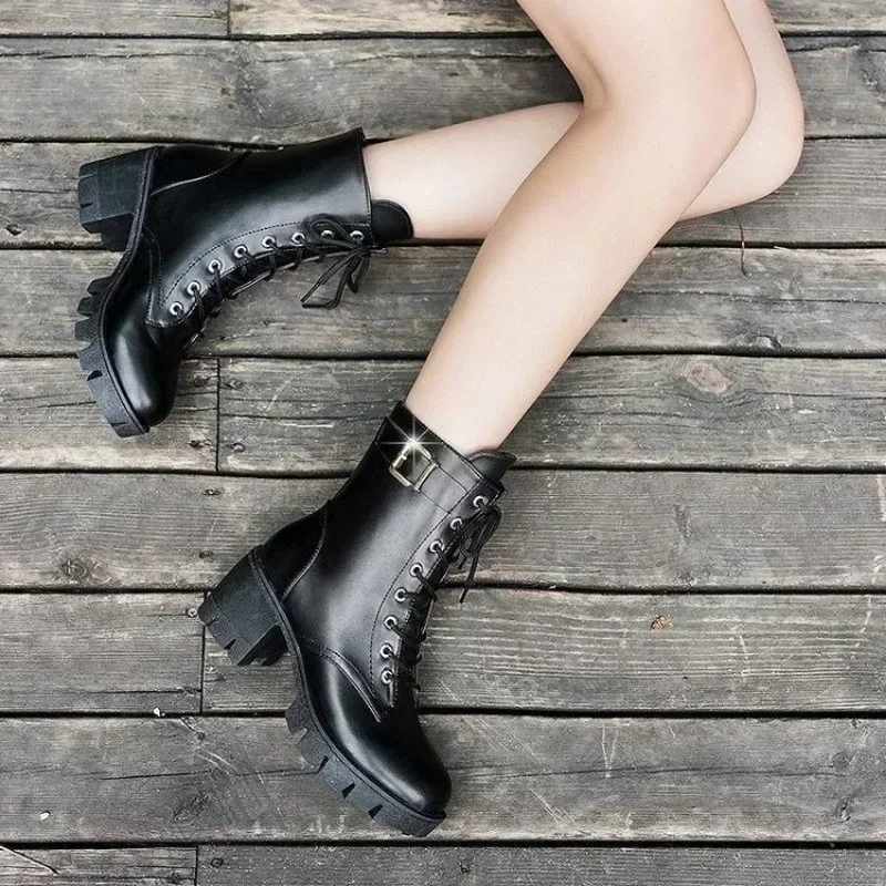 Women's Mid-calf Boots Winter Wool Lined Warm Cotton Boot Quality Leather Boots Women's Snow Boots Thick Heeled Platform Booties