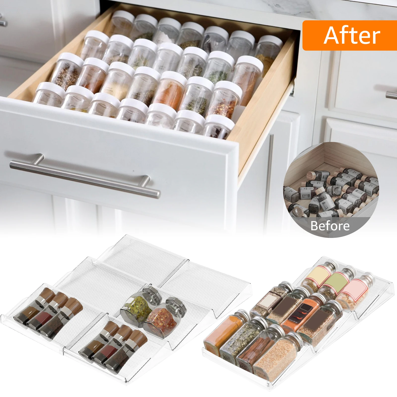 3 Layer Spice Drawer Organizer Expandable Spice Jar Rack Tray Plastic Seasoning Organizer Cabinet Kitchen Shelves for Countertop