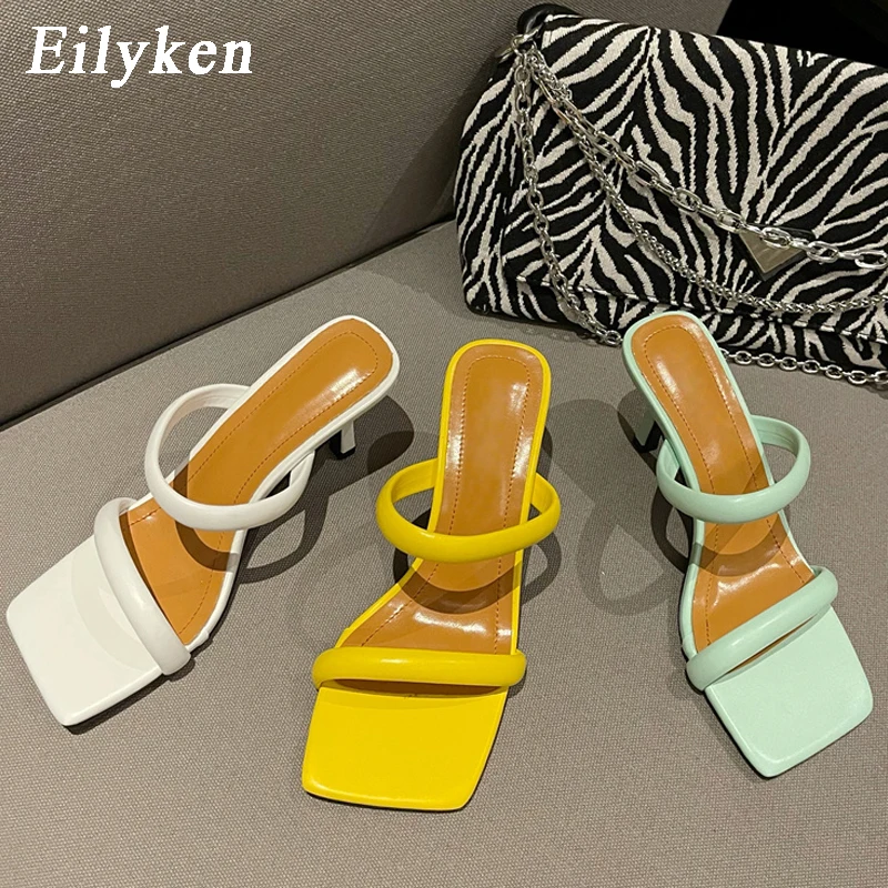 Eilyken Summer Yellow White Thin Heels Slippers Sandals Women Square Toe Mules Beach Slides Leisure Shoes