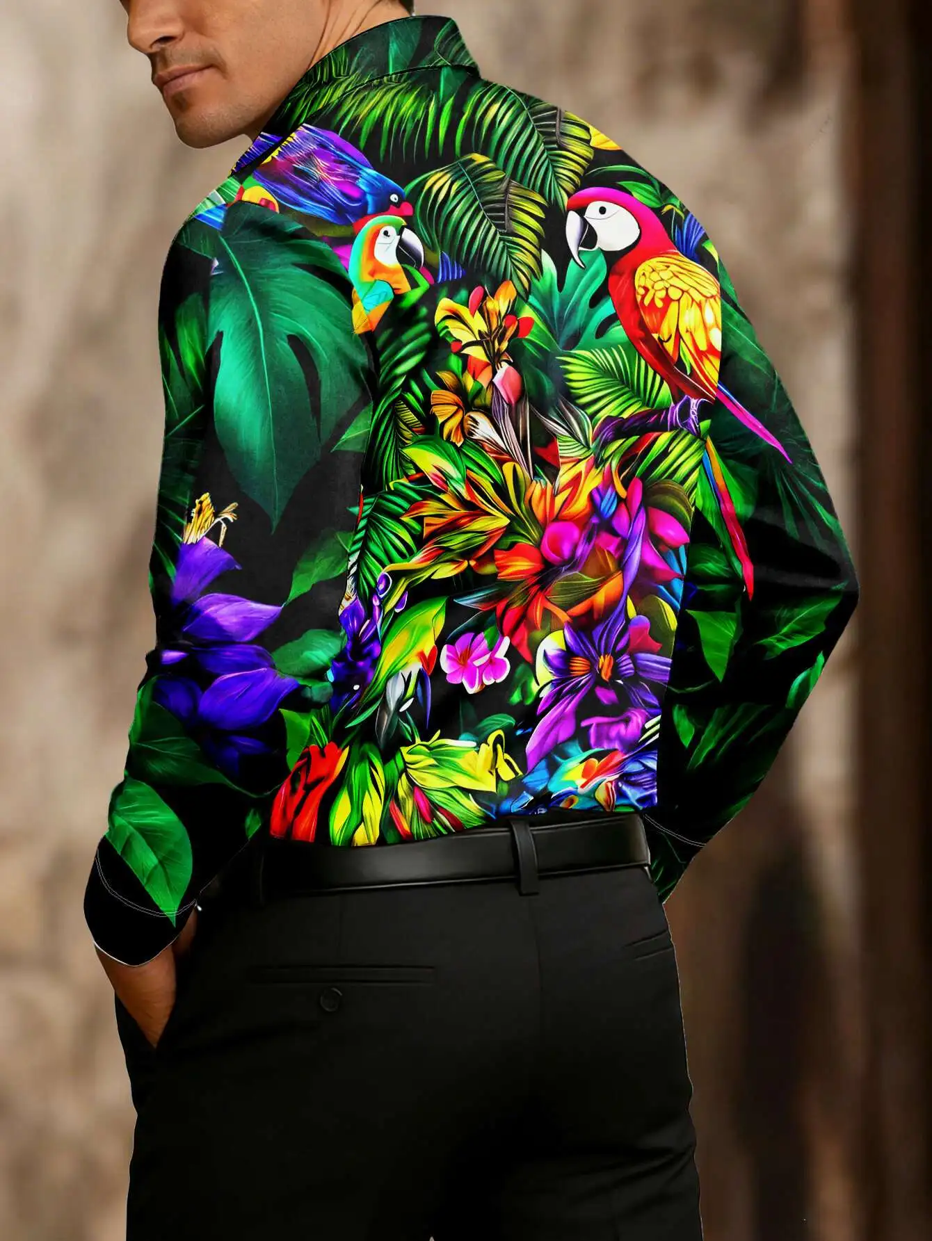 Men Long Sleeve Button Down Shirt Tropical Parrot Jungle Floral Leaf Print Polyester Lapel Collar Vacation