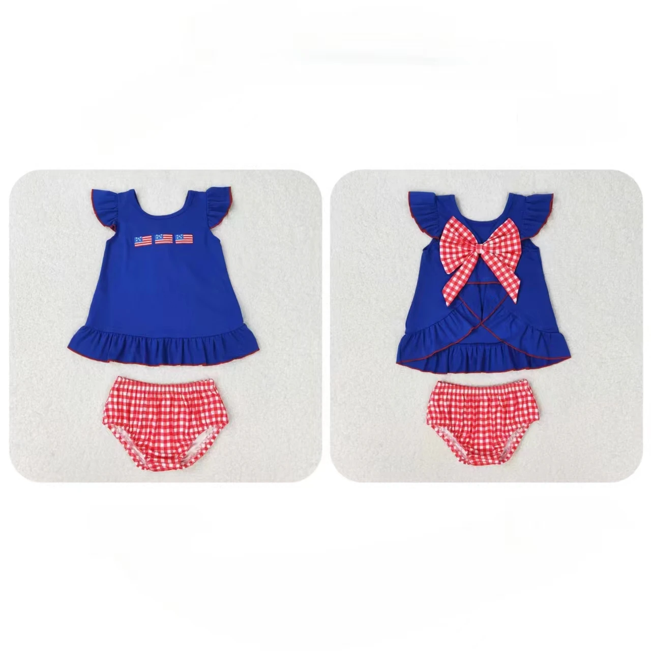 

Wholesale Children Infant Short Sleeves Embroidery Flags Blue Tops Plaid Red Shorts Outfit Toddler Kids Baby Girl July 4th Set