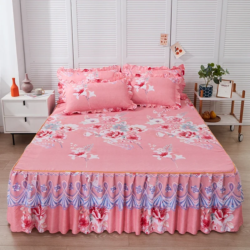 Floral Bed Ruffle Skirt Cover Bed Wrap Bedspread Princess Bedding Frills Korean Style Lace Bed Skirt 3PCS Mattress Protection