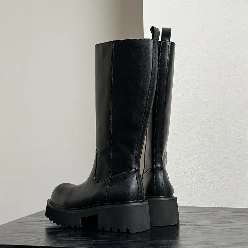 Black Genuine Leather Knee High Boots Round Toe Chunky Block Heel Platform Sole Design Men Fashion Tall Riding Boots